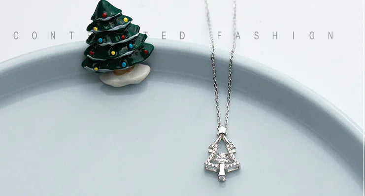 S925 Silver Necklace with Single Diamond Christmas Tree