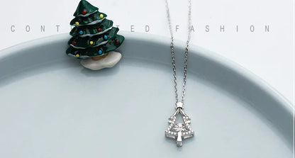 S925 Silver Necklace with Single Diamond Christmas Tree