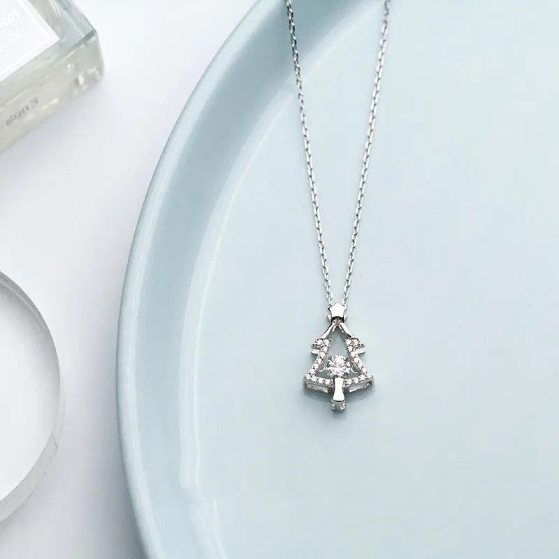 S925 Silver Necklace with Single Diamond Christmas Tree
