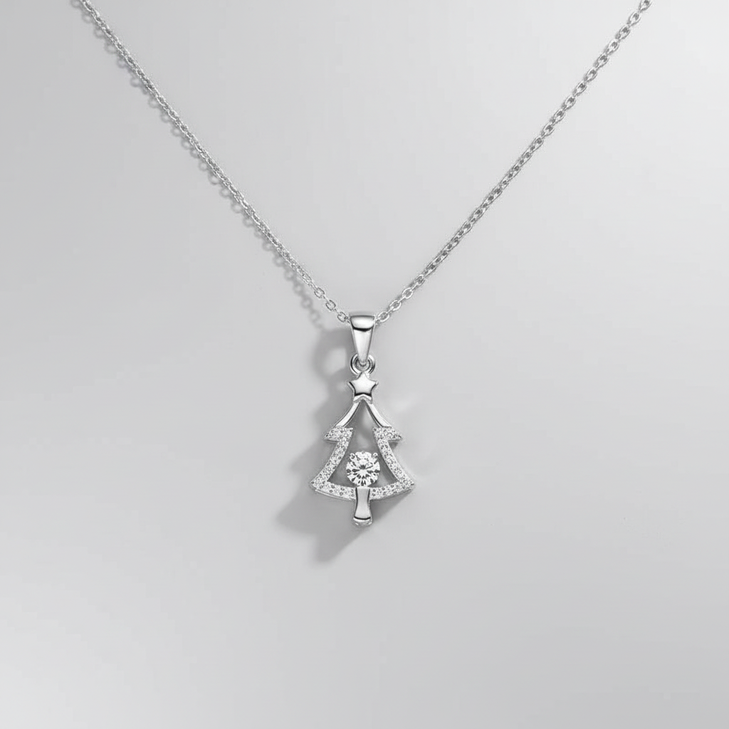 S925 Silver Necklace with Single Diamond Christmas Tree