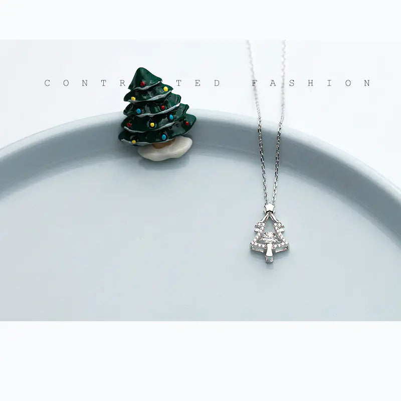 S925 Silver Necklace with Single Diamond Christmas Tree