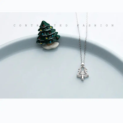 S925 Silver Necklace with Single Diamond Christmas Tree