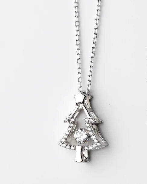S925 Silver Necklace with Single Diamond Christmas Tree